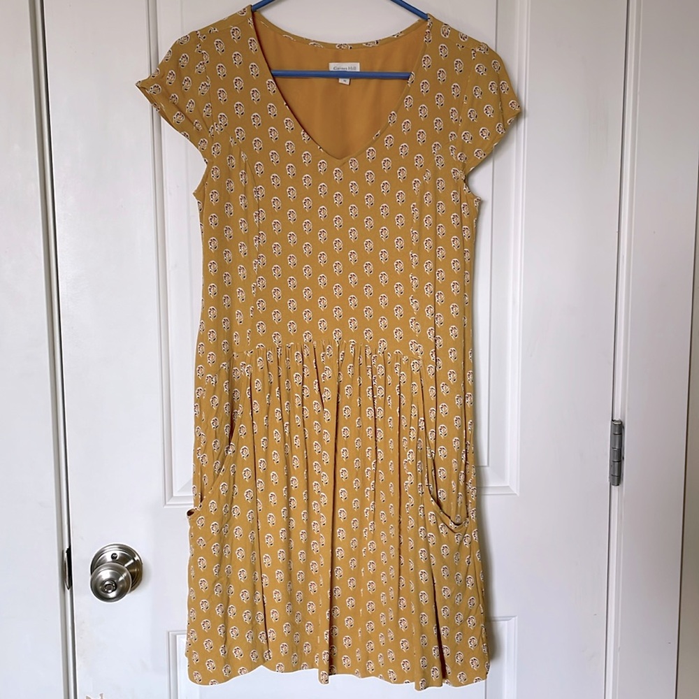 Garnet Hill Marina Crepe Dress Yellow Print with Pockets Size 02